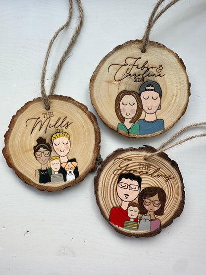 Family Portrait Wood Ornament | Engraved and Hand Painted