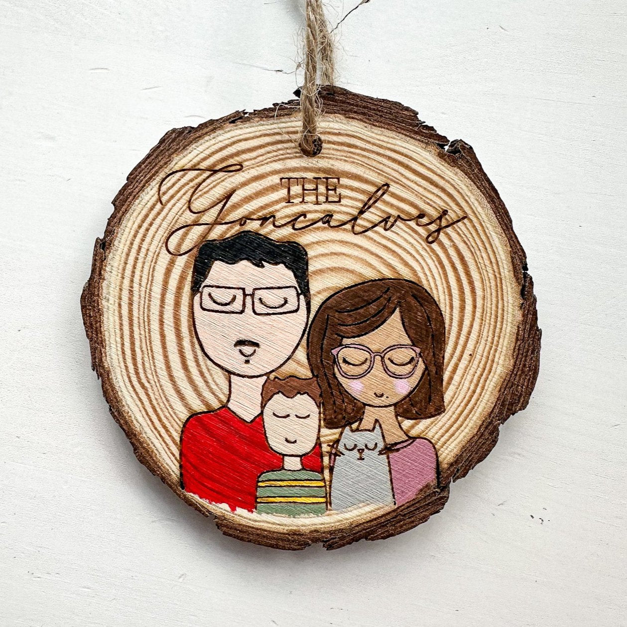 Family Portrait Wood Ornament | Engraved and Hand Painted