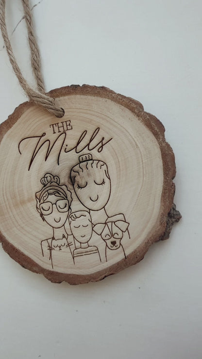 Family Portrait Wood Ornament | Engraved and Hand Painted